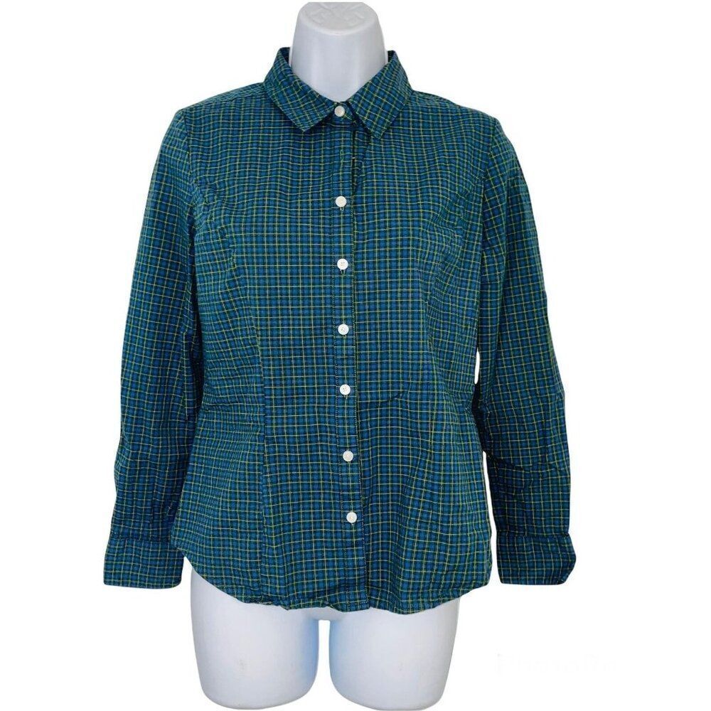 Dockers Womens M Petite Shirt Green Plaid Long Sleeve Blouse Stretch